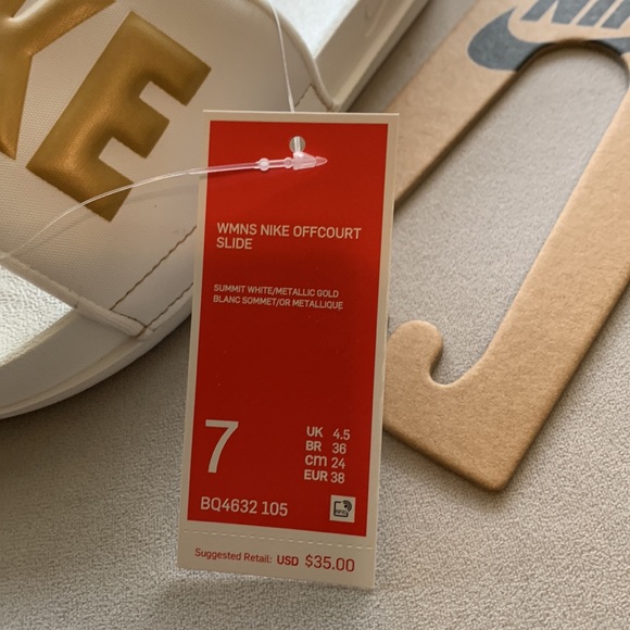 NWT Nike slides white with gold logo, size 7 Wmns Nike Offcourt Slide - Picture 3 of 5